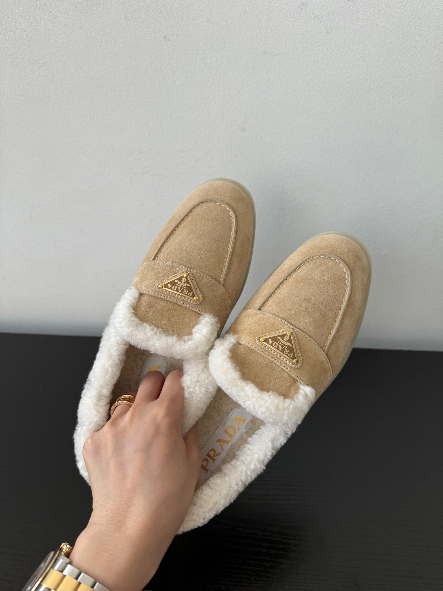 Ecru Suede & Shearling Loafers