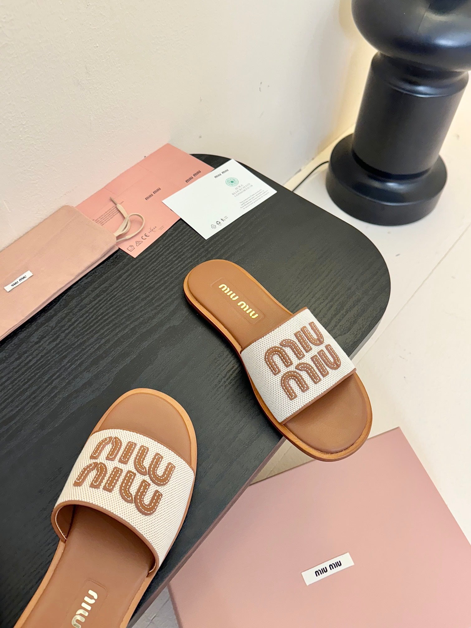 Beige/Brandy Canvas & Leather Slides