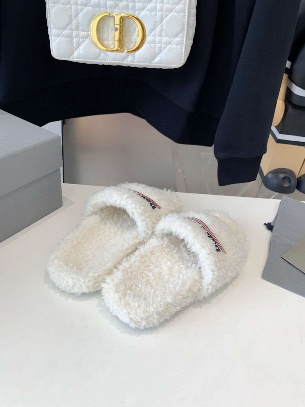 White Furry Slides Slip-On Sandals
