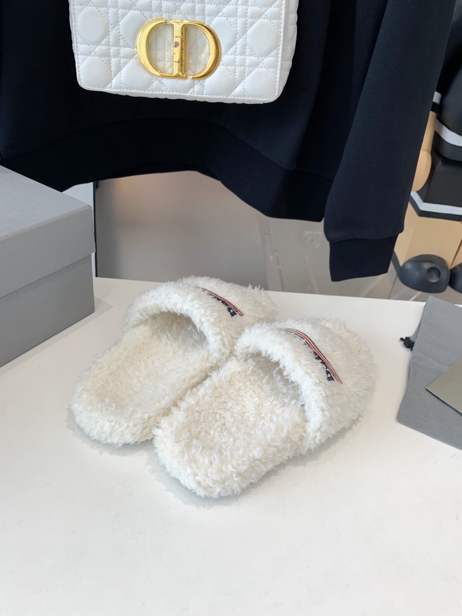 White Furry Slides Slip-On Sandals