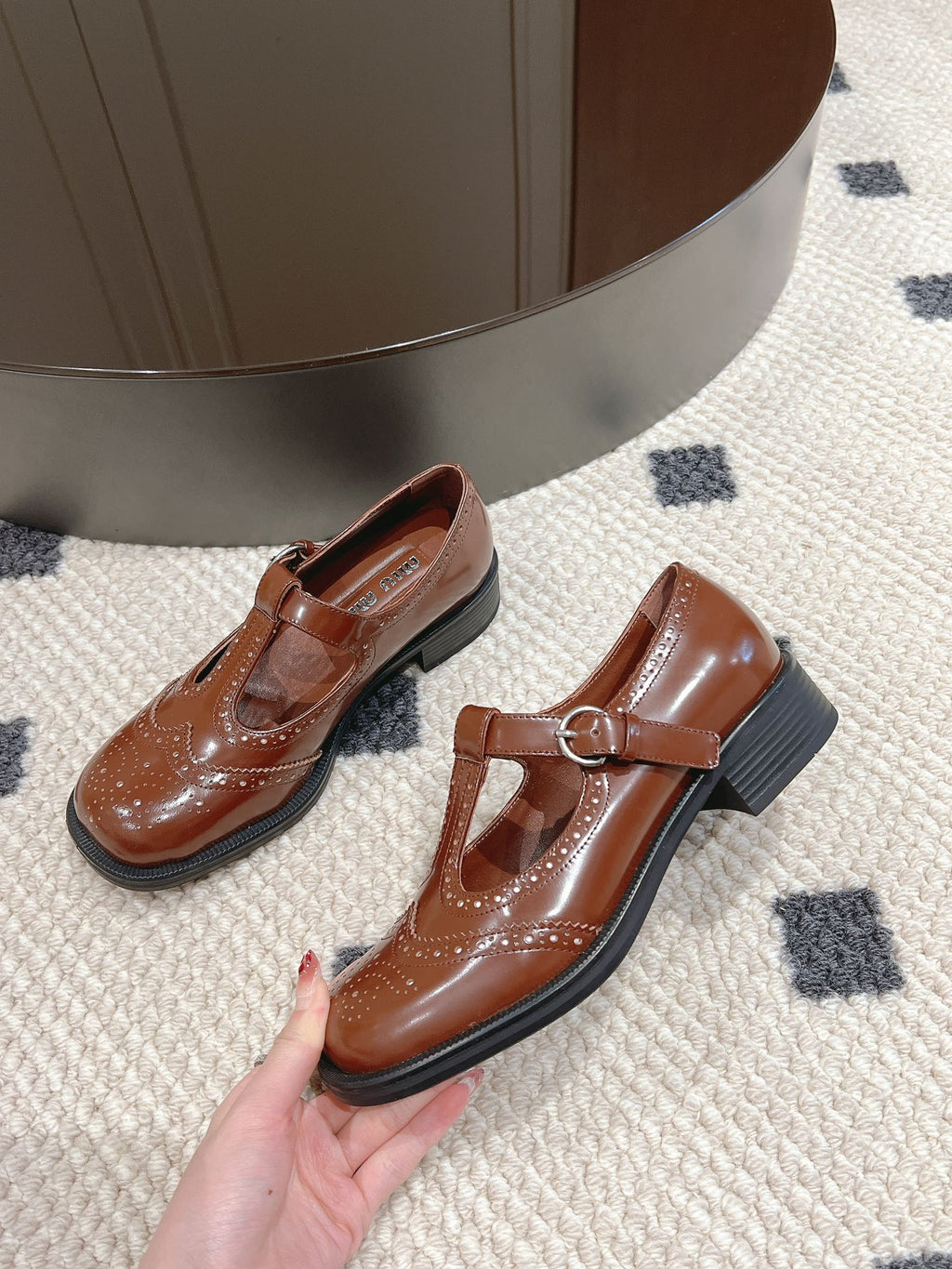 Tobacco Brushed Leather T-Strap Brogue Shoes