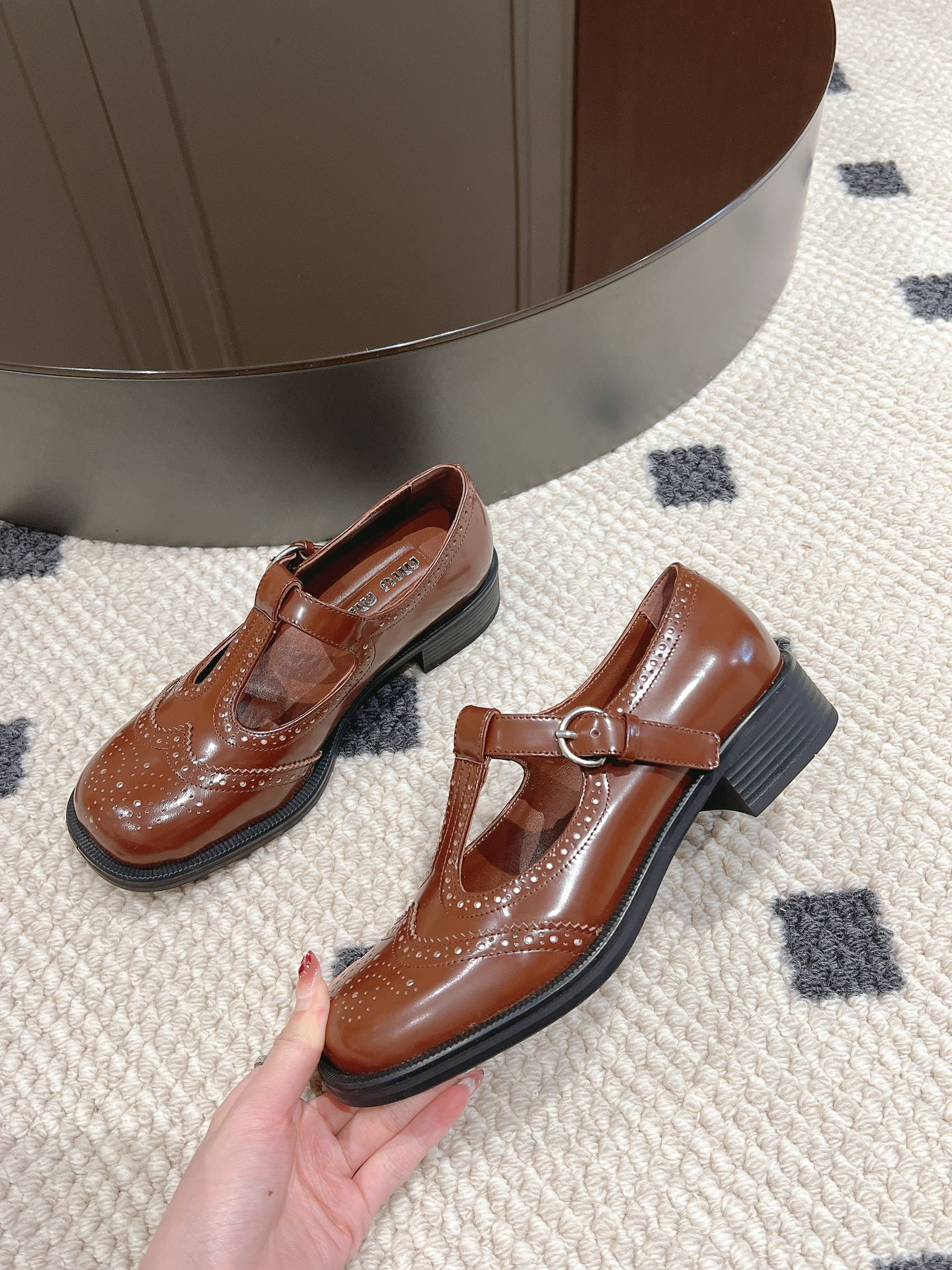 Tobacco Brushed Leather T-Strap Brogue Shoes