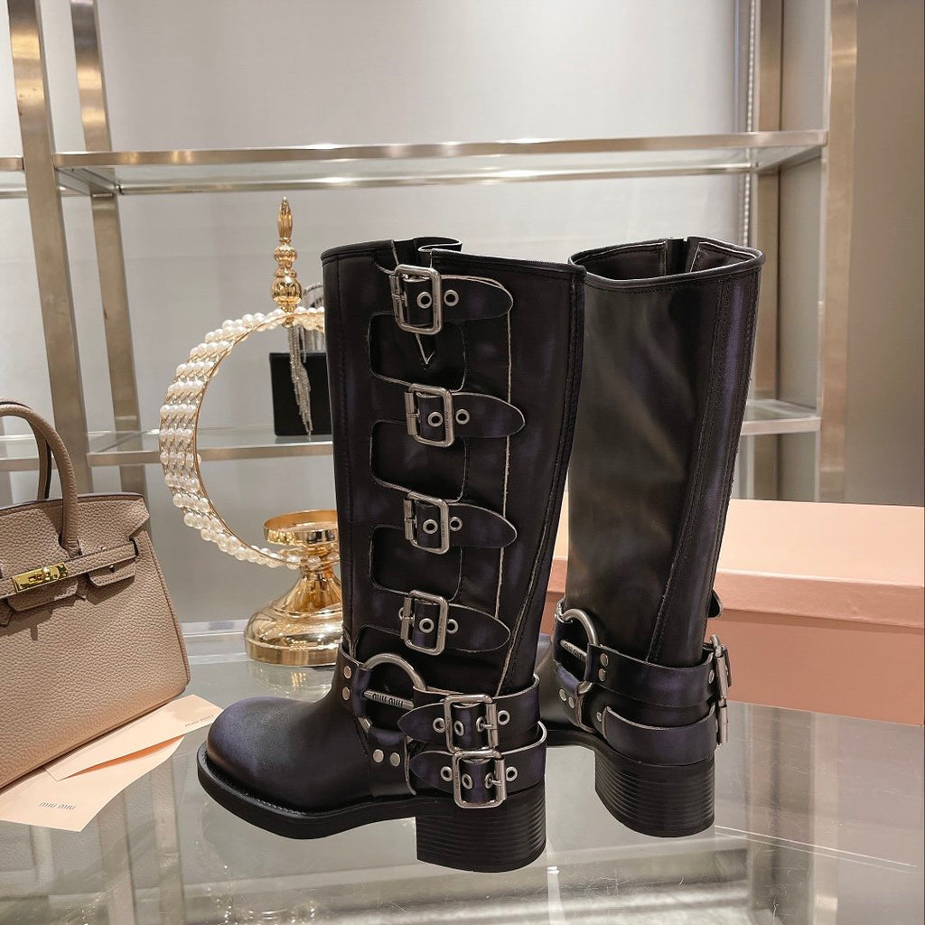 Black leather biker boots