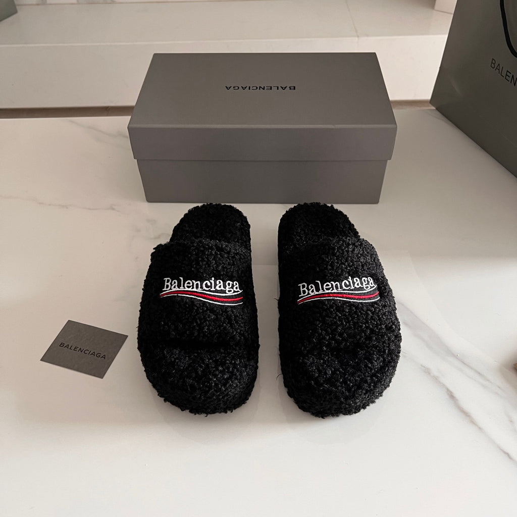 Black Furry Platform Sandal