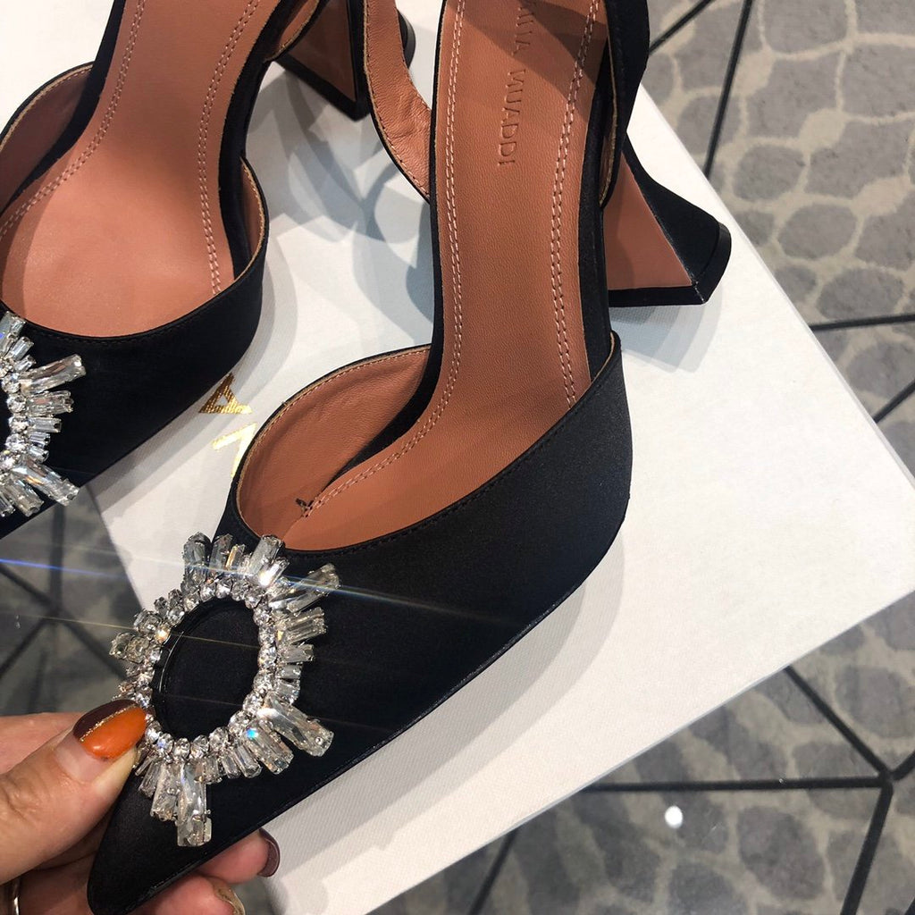 AB crystal-embellished satin slingback pumps