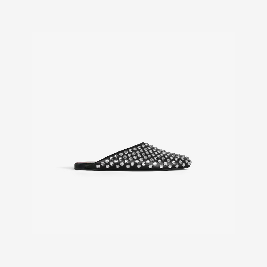 Black Flat Mules In Strass Leather