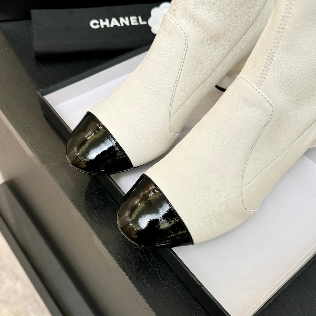 White & Black Stretch High Boots