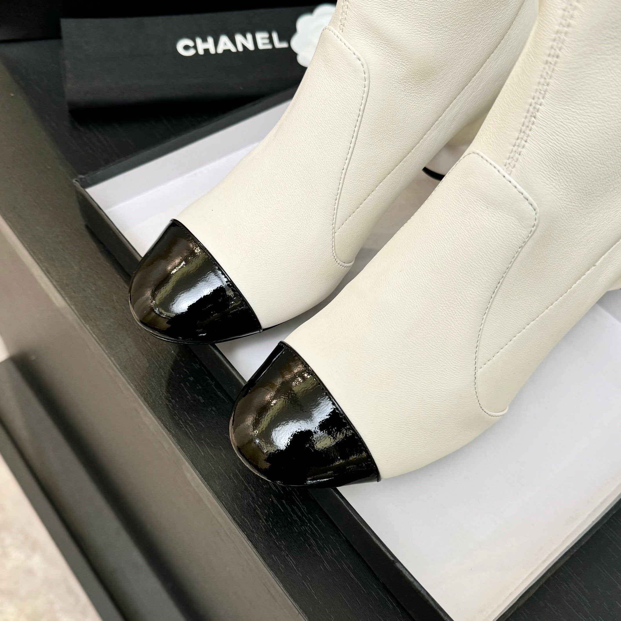 White & Black Stretch High Boots