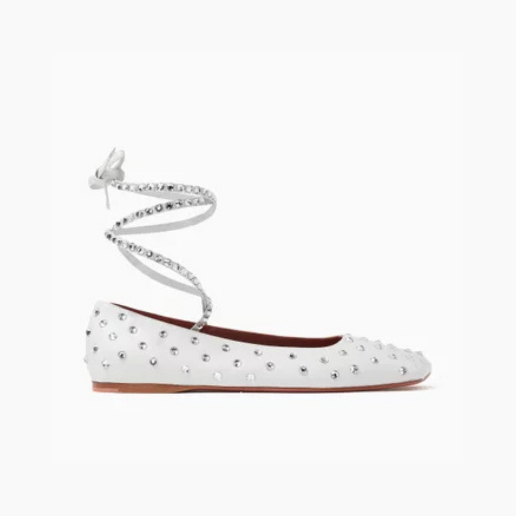 White Ane Embellished Leather Ballet Flats