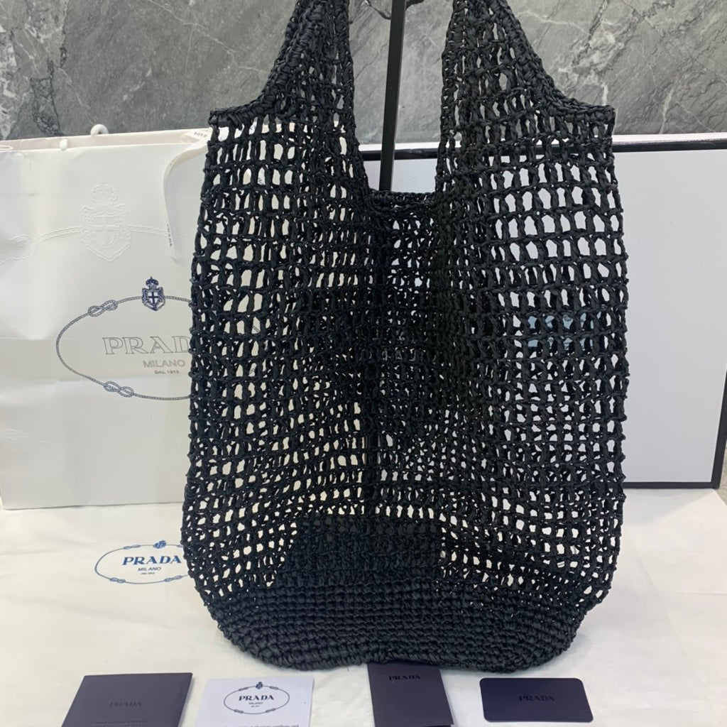 Black large raffia tote bag