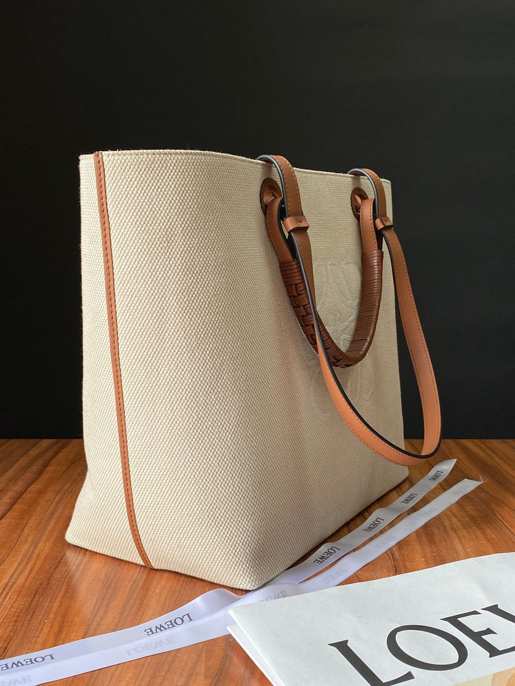 Ecru & tan small anagram tote bag