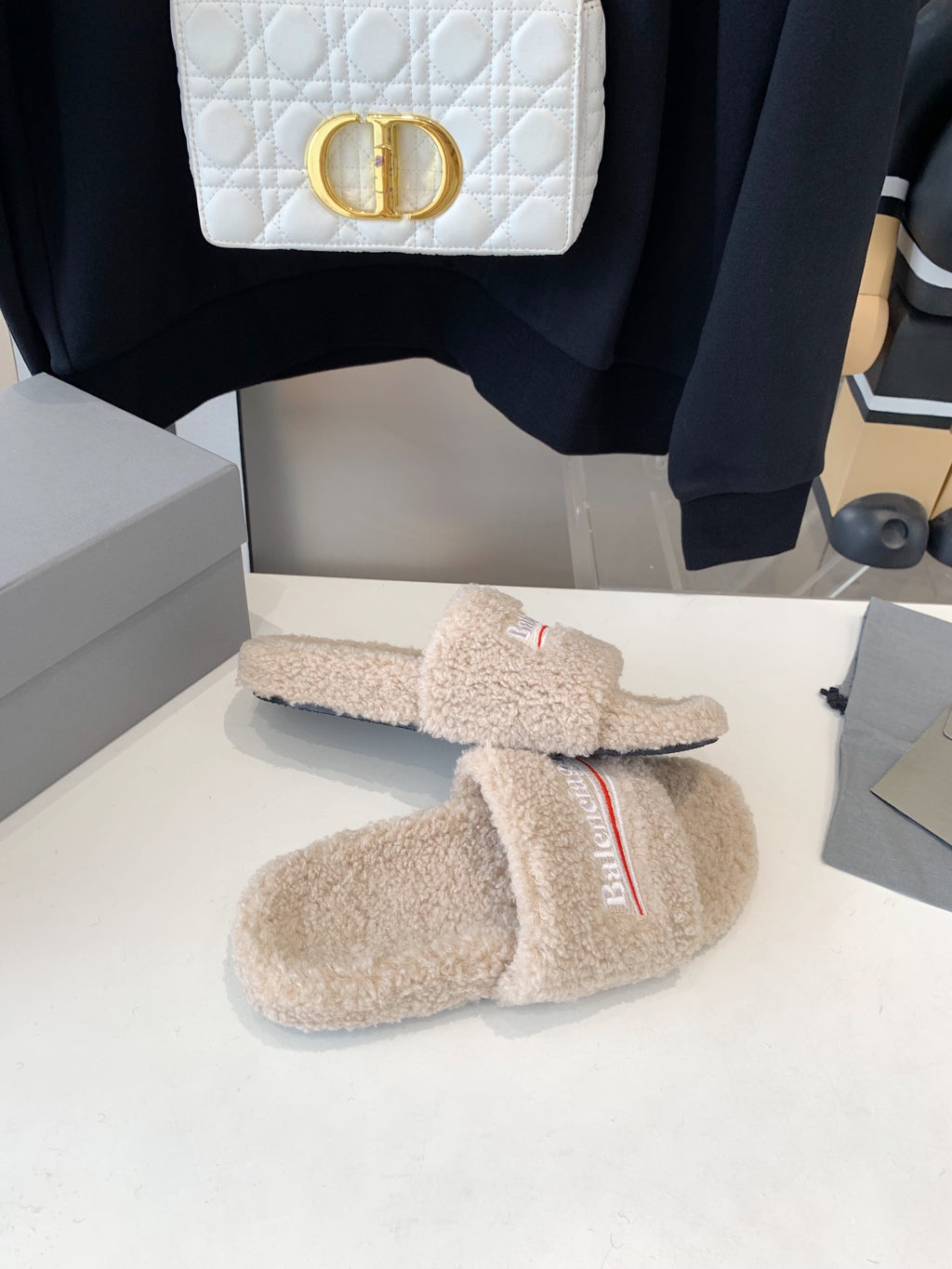 Beige Furry Slides Slip-On Sandals