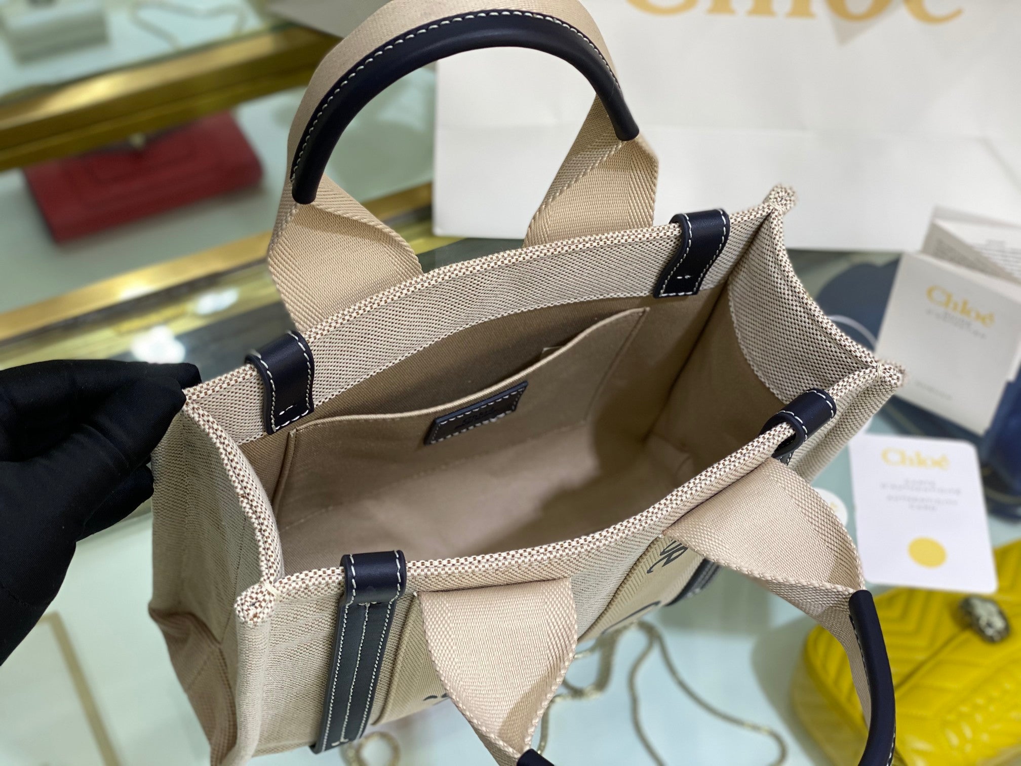 CW small navy leather-trimmed cotton-canvas tote