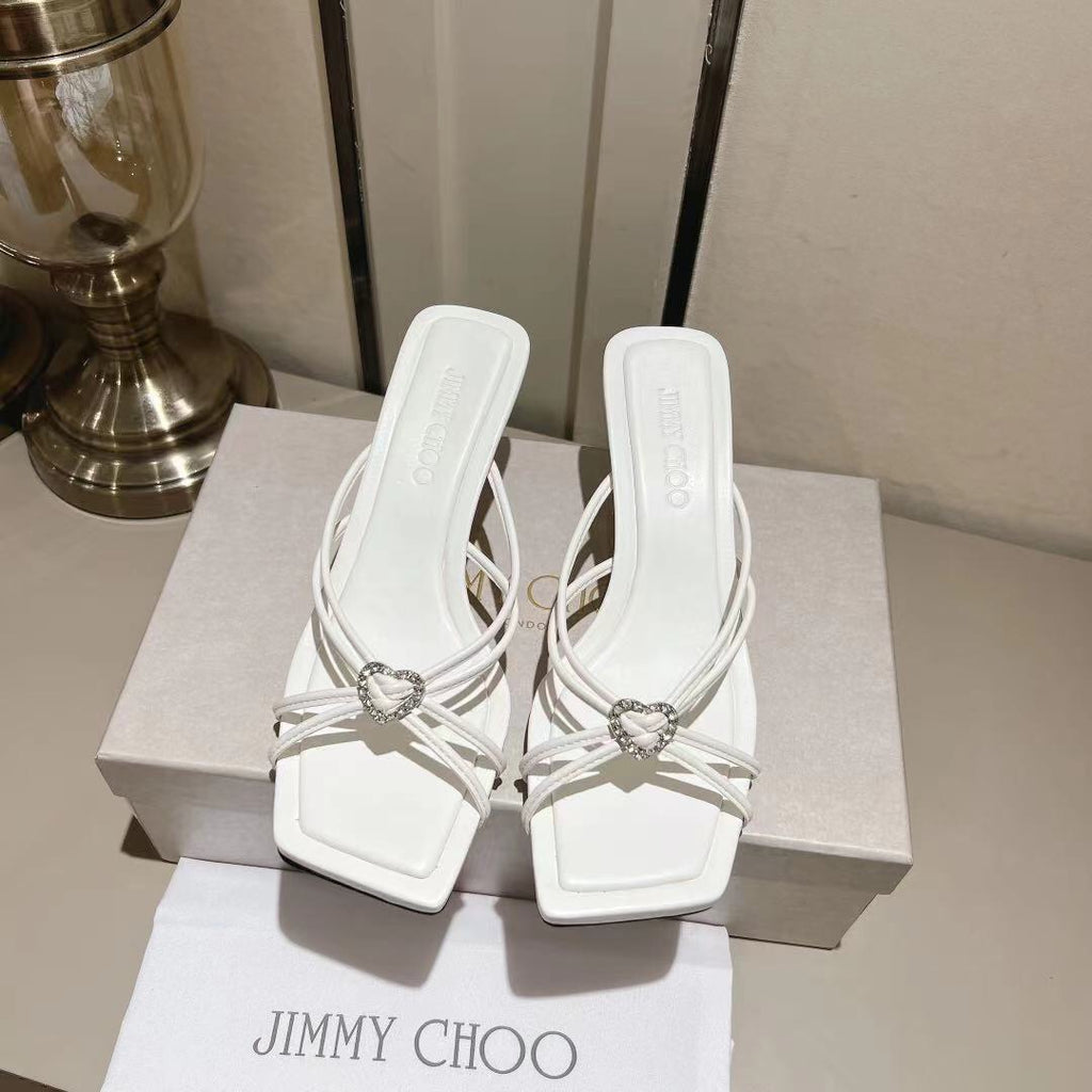 Latte Leather Mules with Crystal Hearts