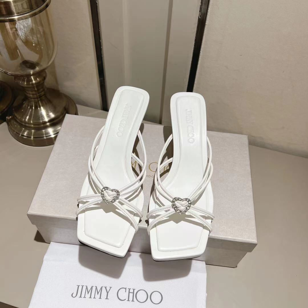 Latte Leather Mules with Crystal Hearts