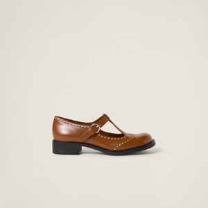 Tobacco Brushed Leather T-Strap Brogue Shoes