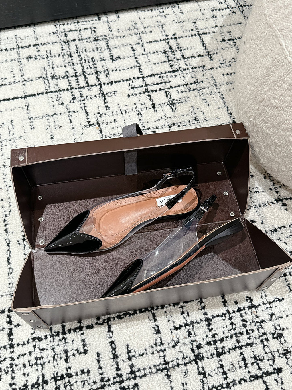 Black LC Flat Slingbacks In Patent Leather