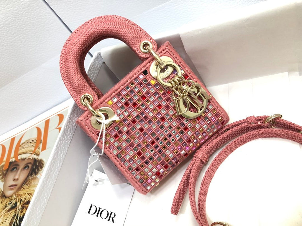Dark Pink Canvas Micro LD Bag With Multicolor Crystals
