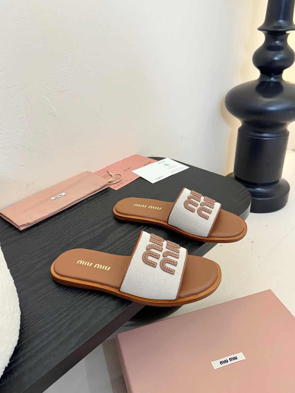 Beige/Brandy Canvas & Leather Slides