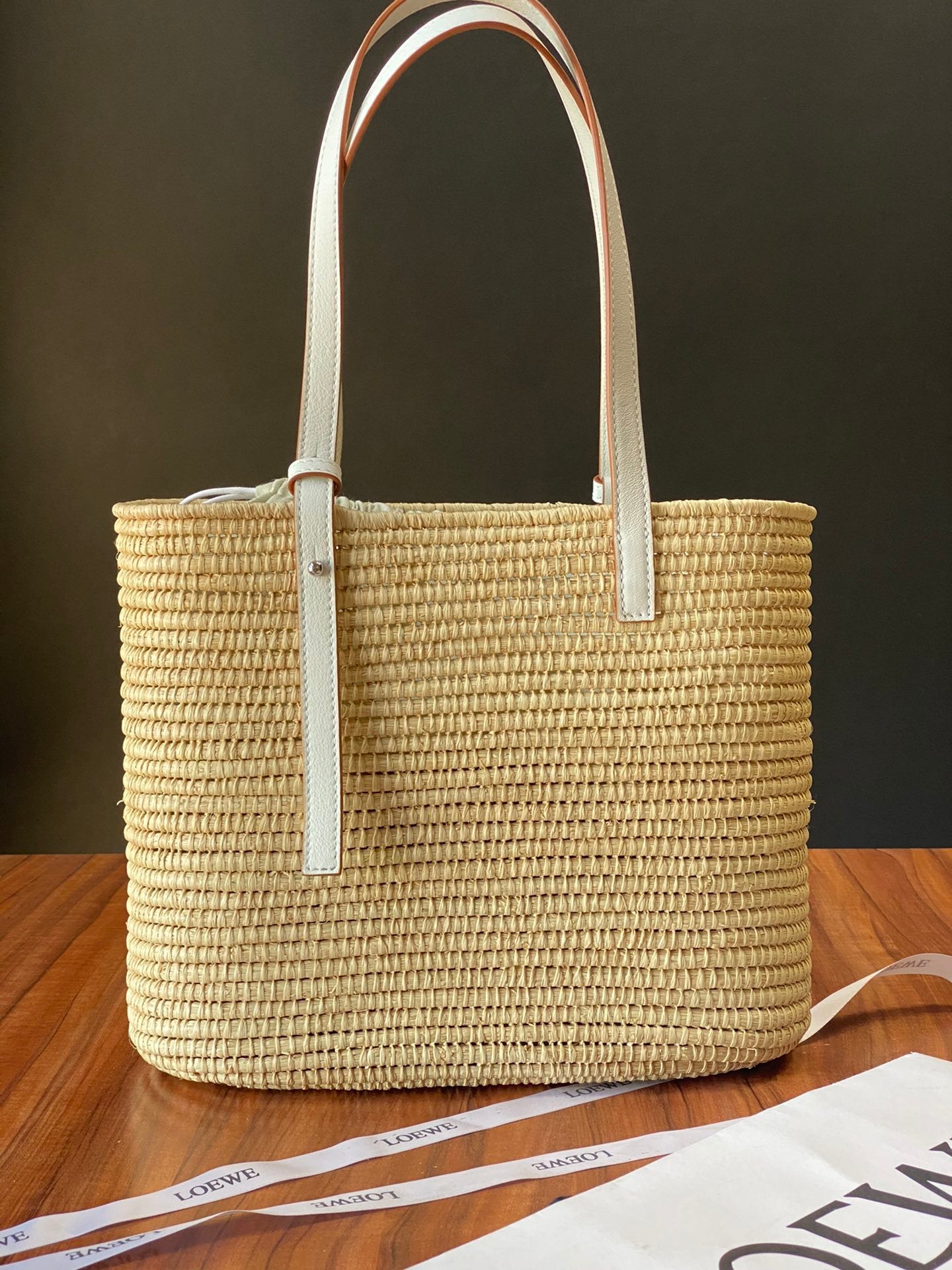 Natural & white raffia small square basket bag