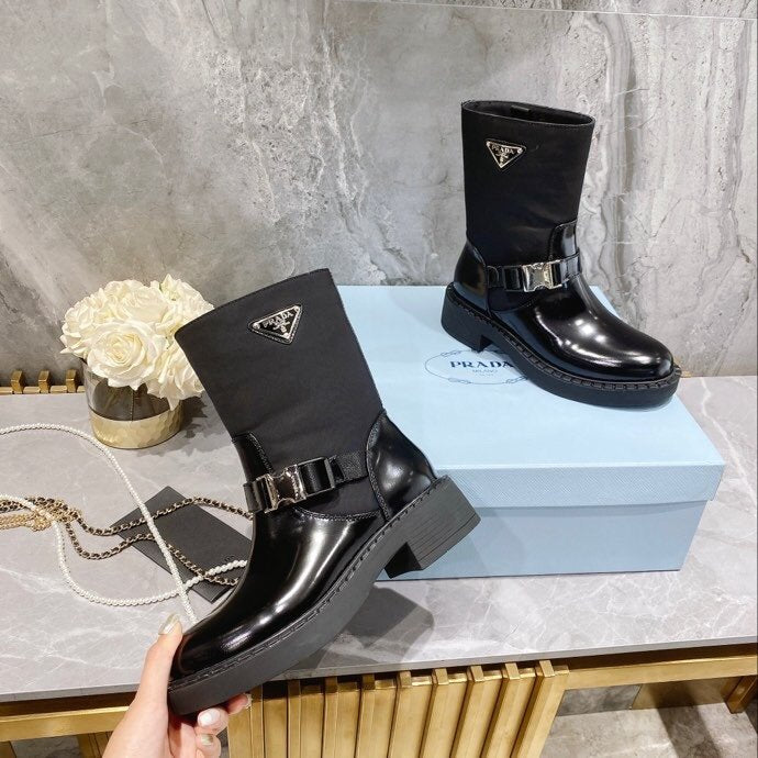 Black Brushed leather and Nylon booties