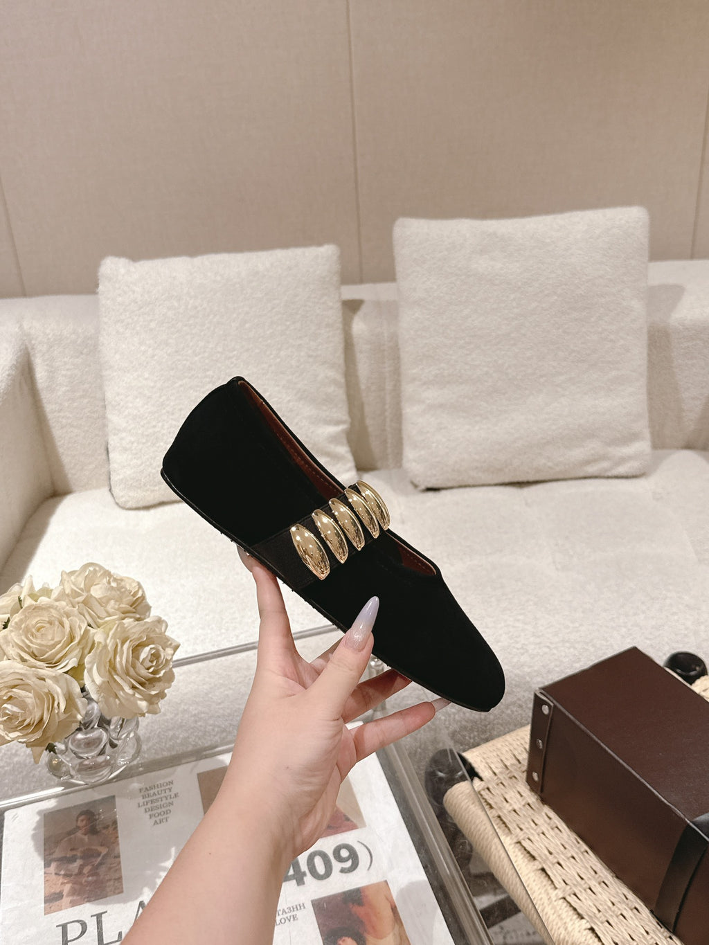 Black Jewel Ballet Flats In Suede