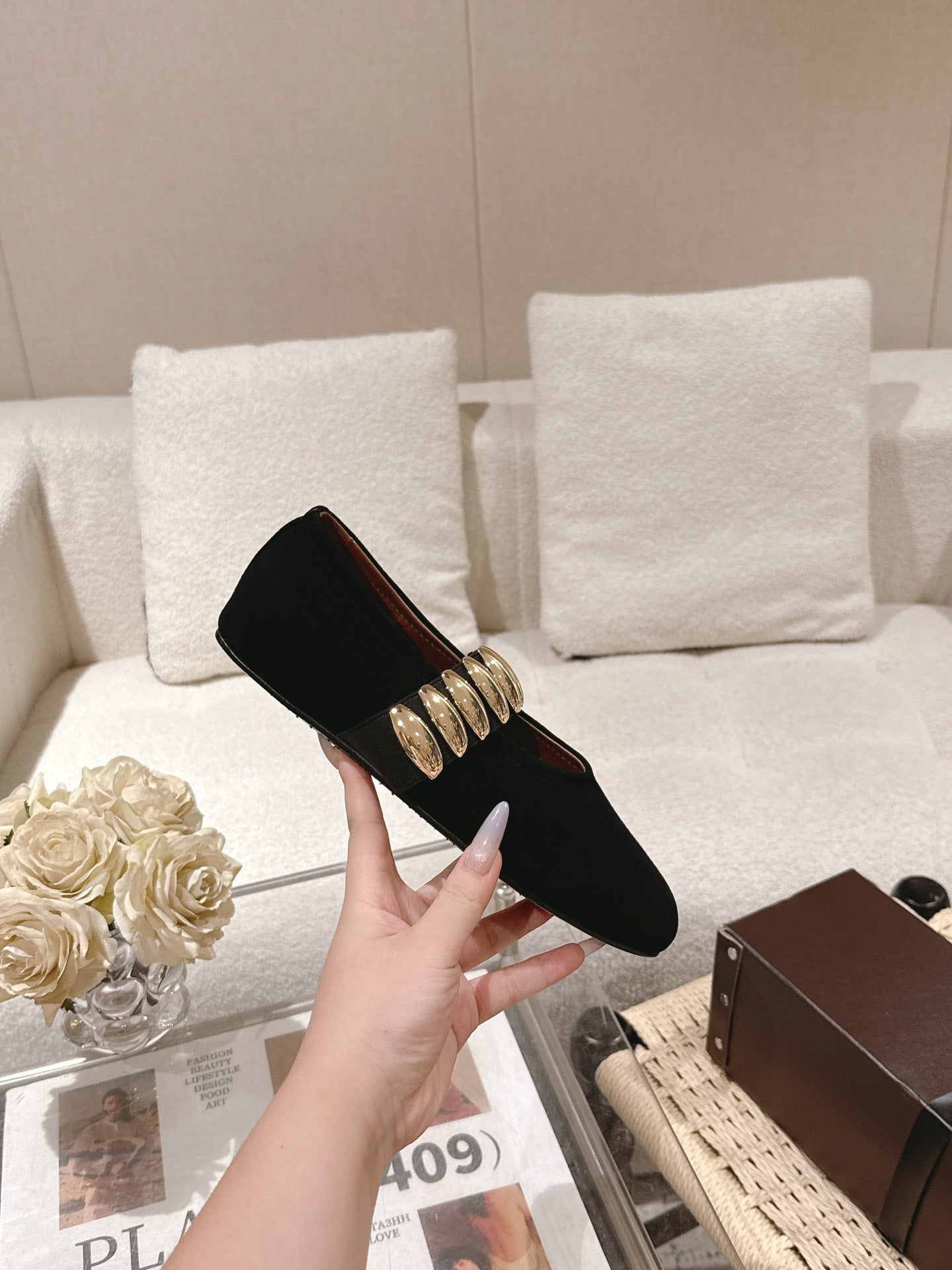 Black Jewel Ballet Flats In Suede