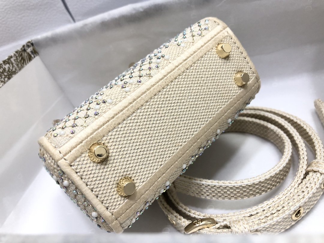 Beige Canvas Micro LD Bag With Multicolor Crystals