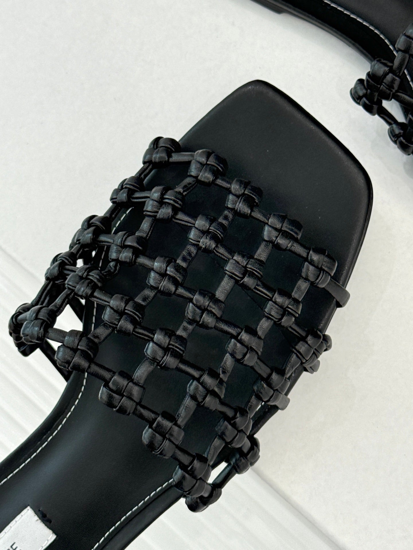 Black Braided-Leather Bandeau Slides