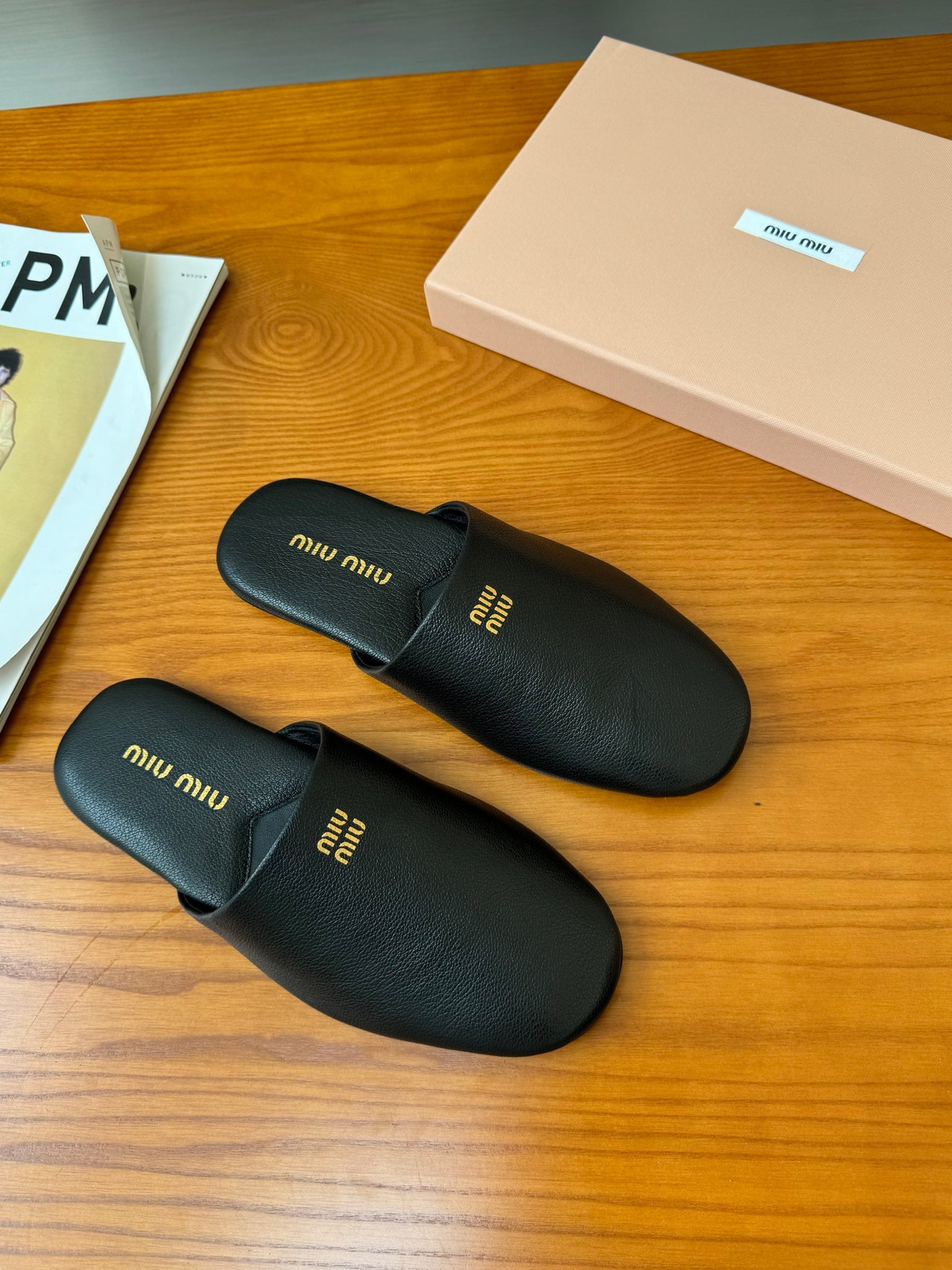 Black Leather Slippers