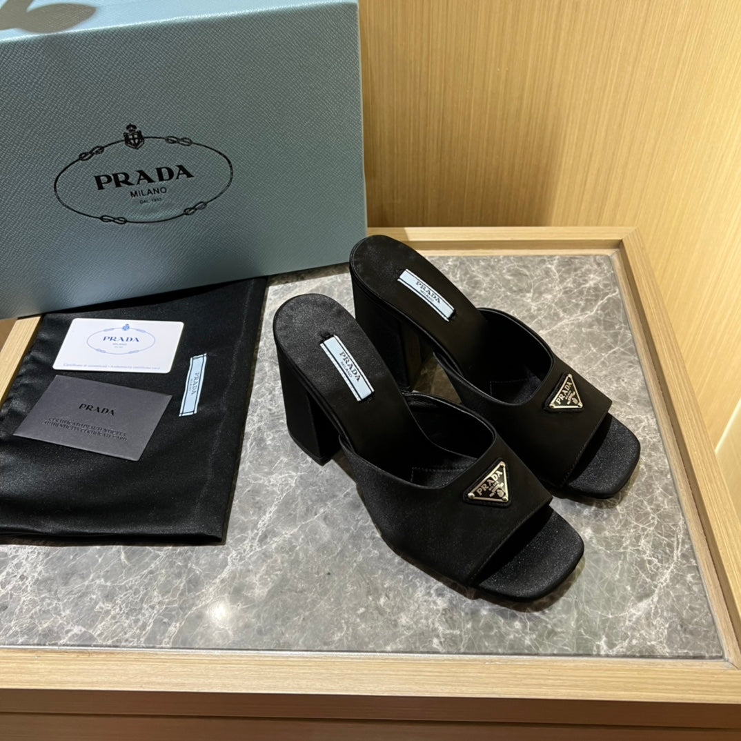 Black High-heeled satin slides