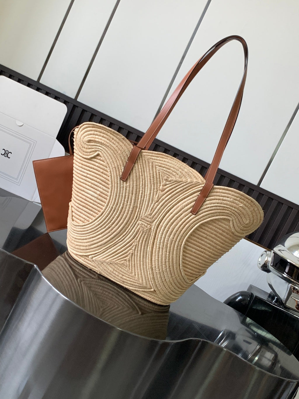 Tan Classic Panier Medium Braided In Raffia & Leather