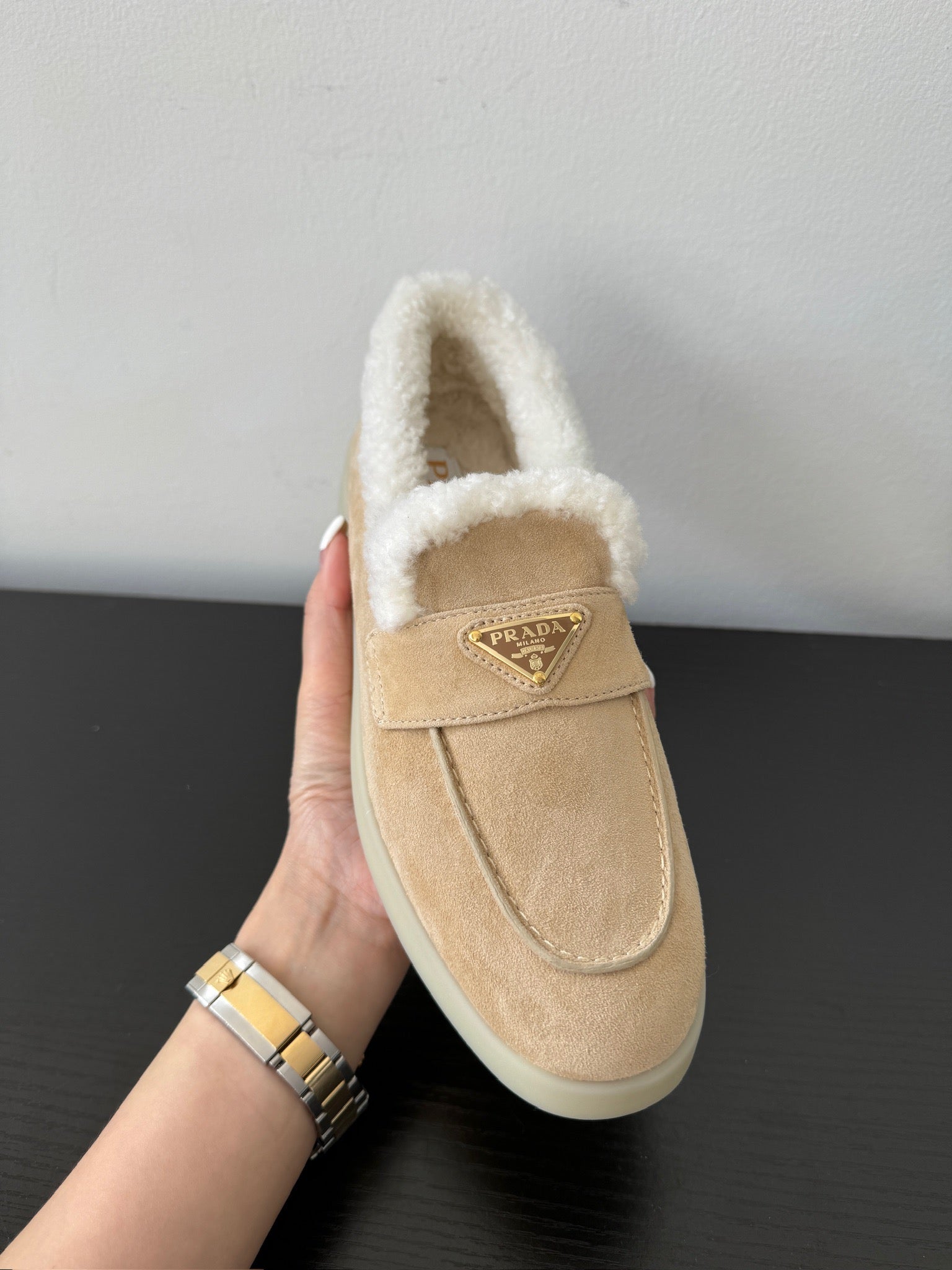 Ecru Suede & Shearling Loafers