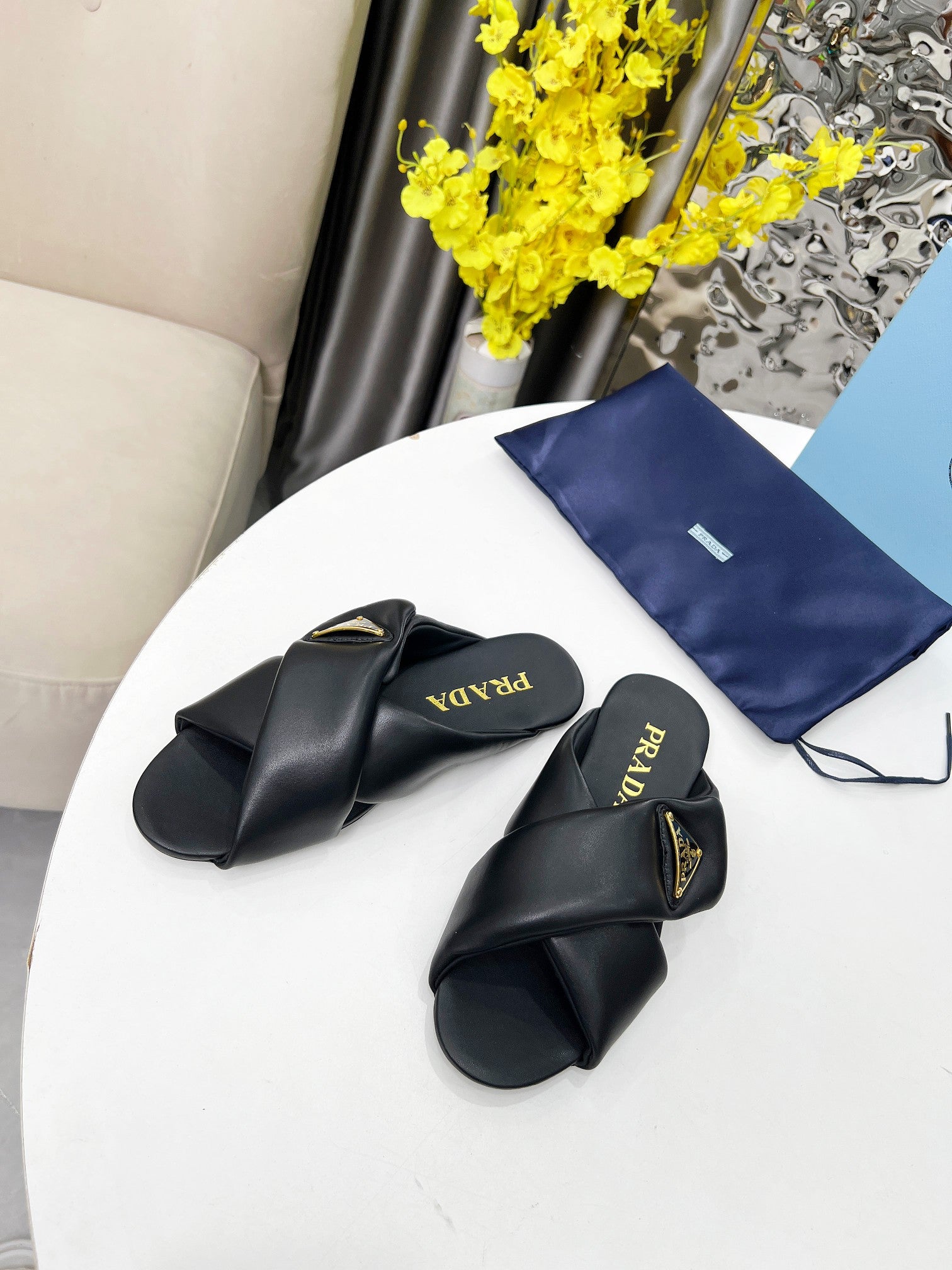 Black Padded Leather Slides