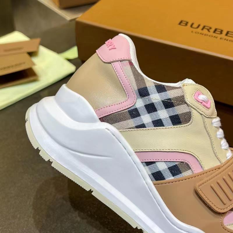 Brown/Pink Check Cotton and Leather Sneakers