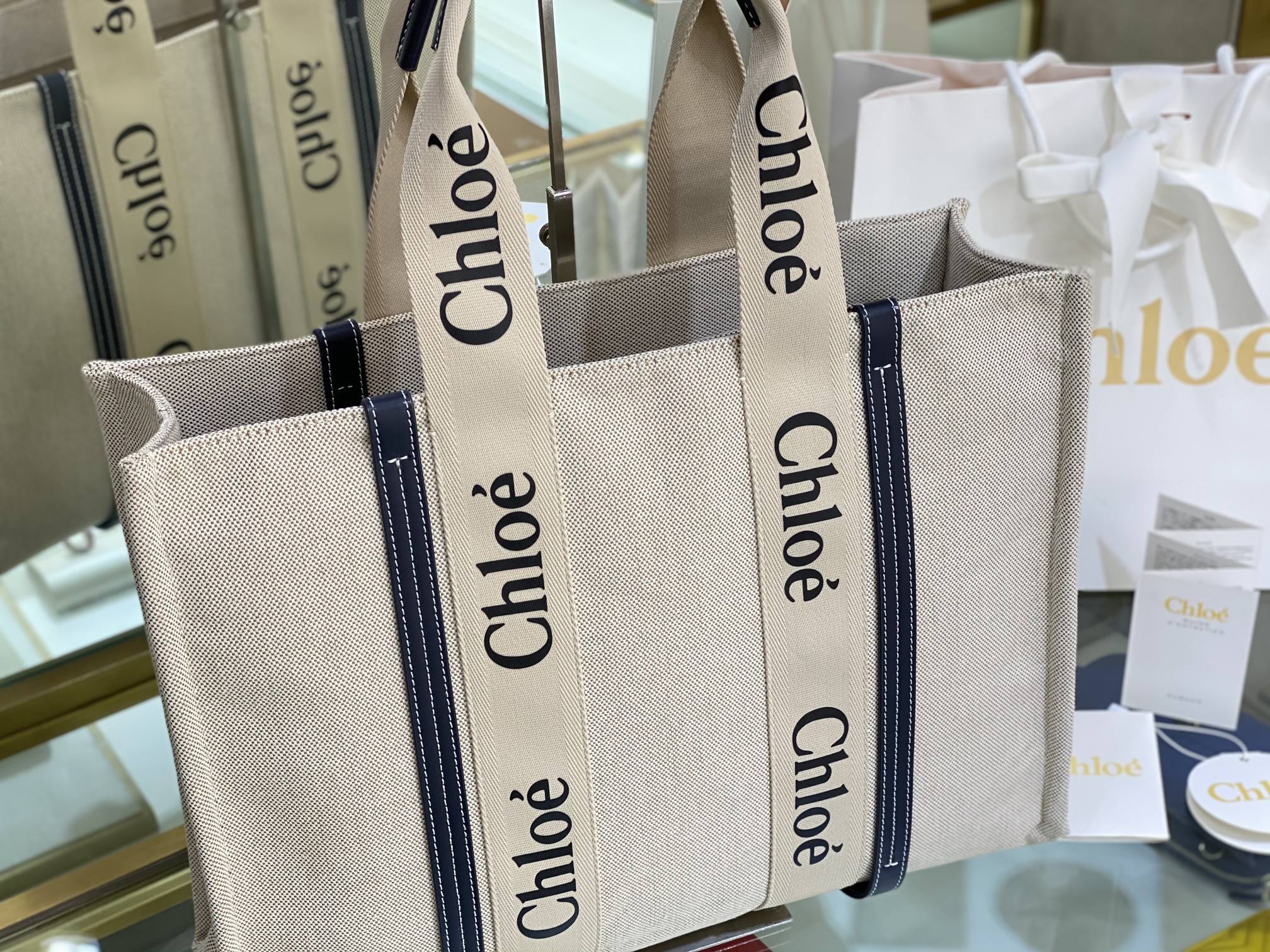 CW large navy leather-trimmed cotton-canvas tote