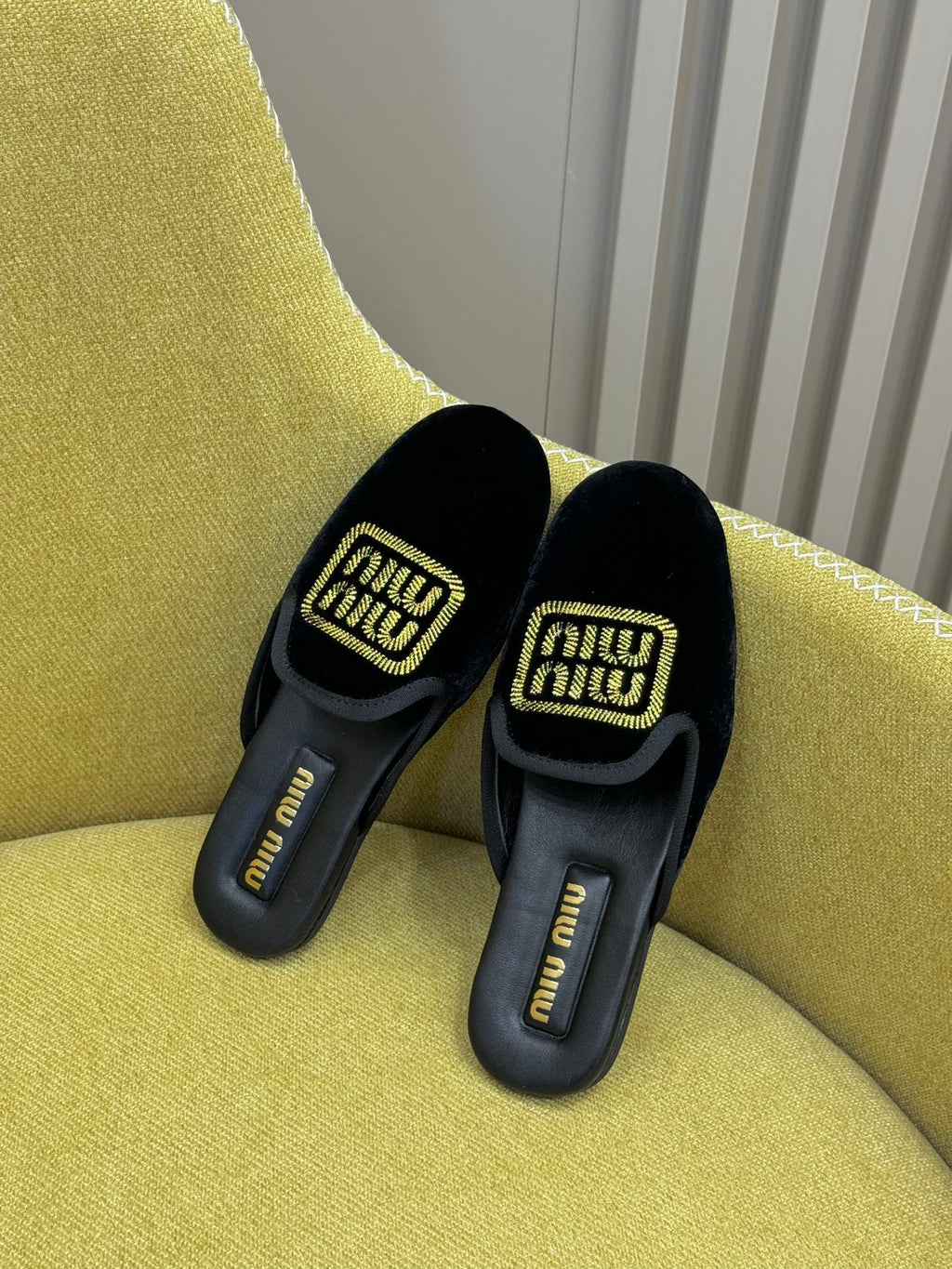 Black Velvet Slippers With Embroidered Logo