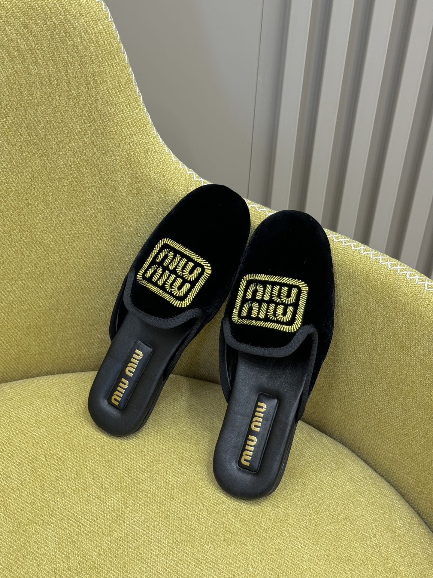 Black Velvet Slippers With Embroidered Logo
