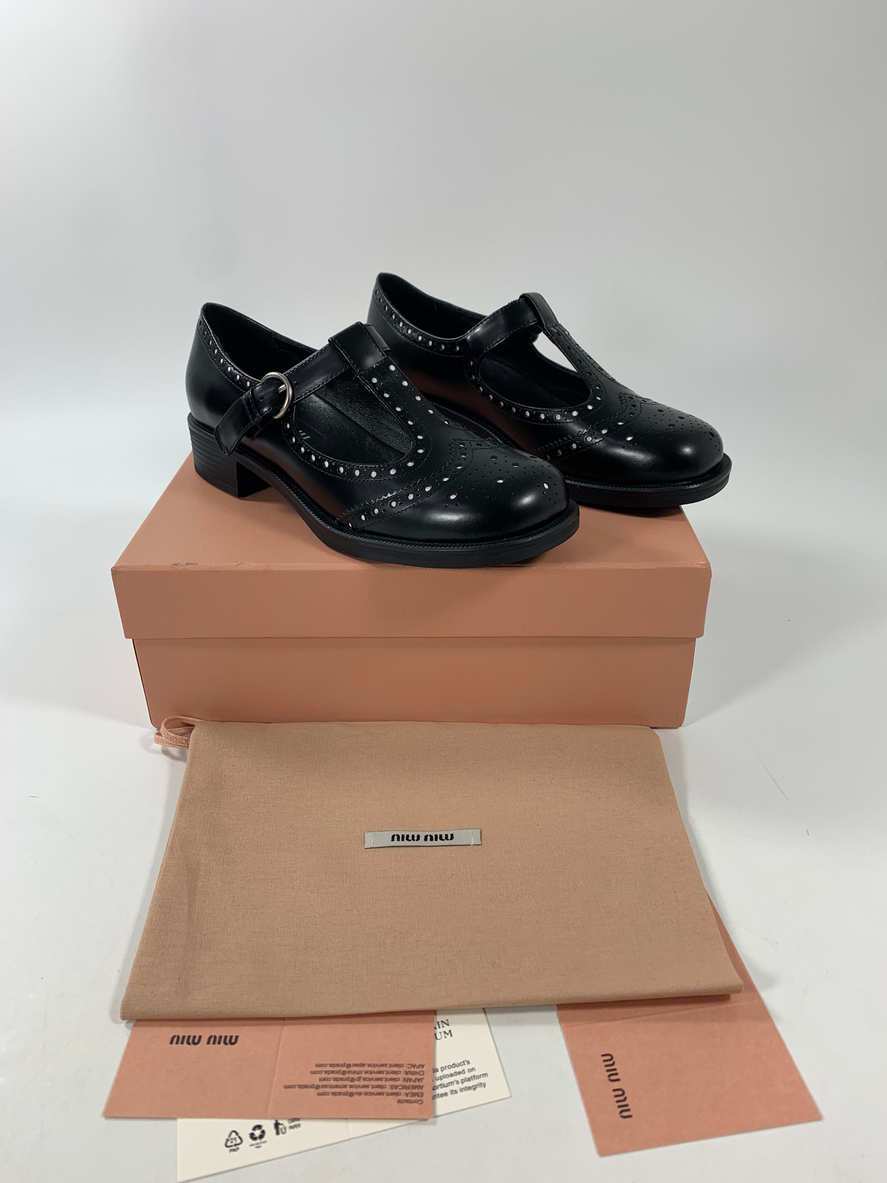 Black Brushed Leather T-Strap Brogue Shoes