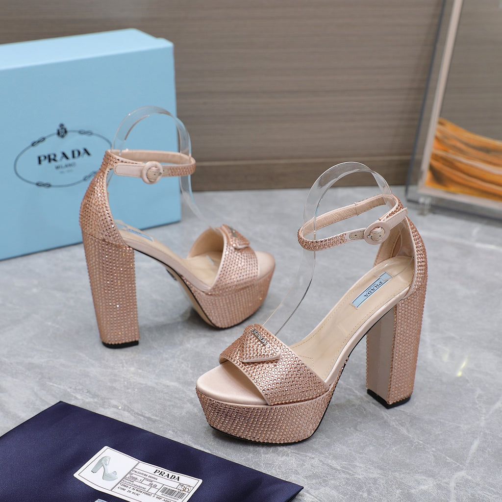 Nude Satin Platform Sandals With Crystals