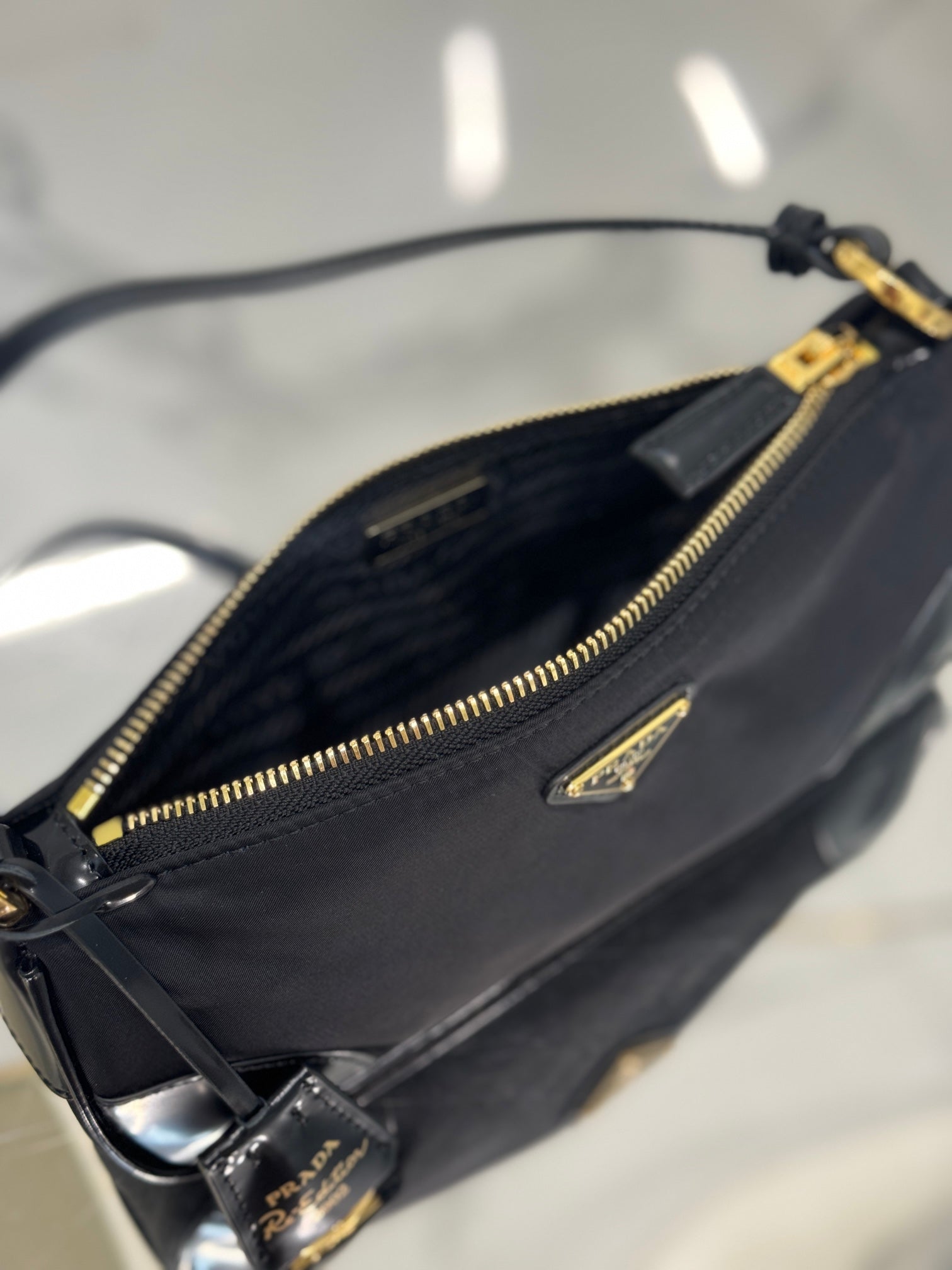 Black Re-Nylon & Brushed Leather Shoulder Bag