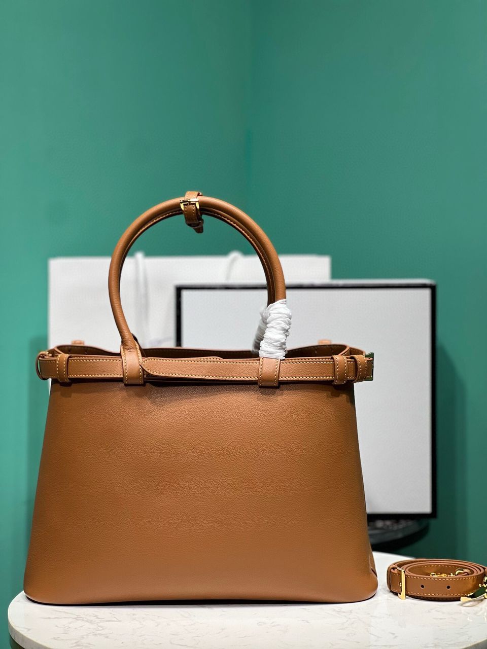 Caramel Buckle Medium Leather Handbag With Double Belt
