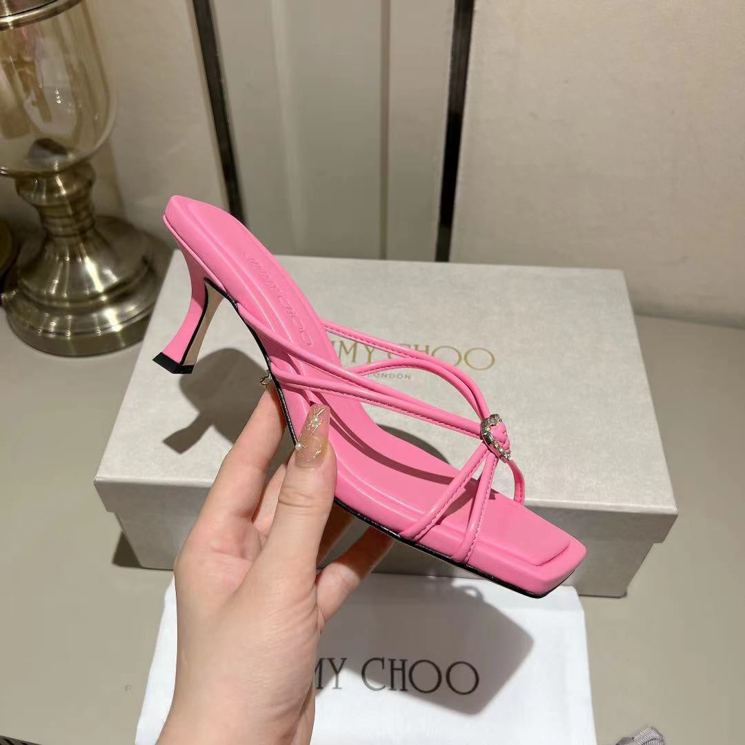Candy Pink Leather Mules with Crystal Hearts