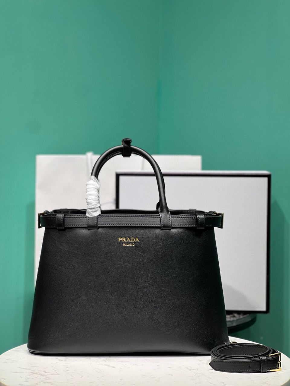 Black Buckle Medium Leather Handbag With Double Belt