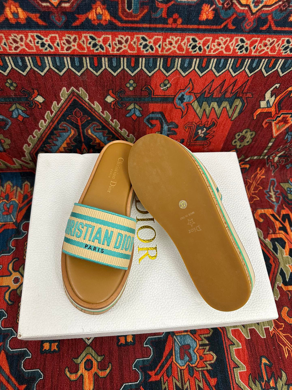 Natural Raffia & Aquamarina Embroidered DD Platform Slide