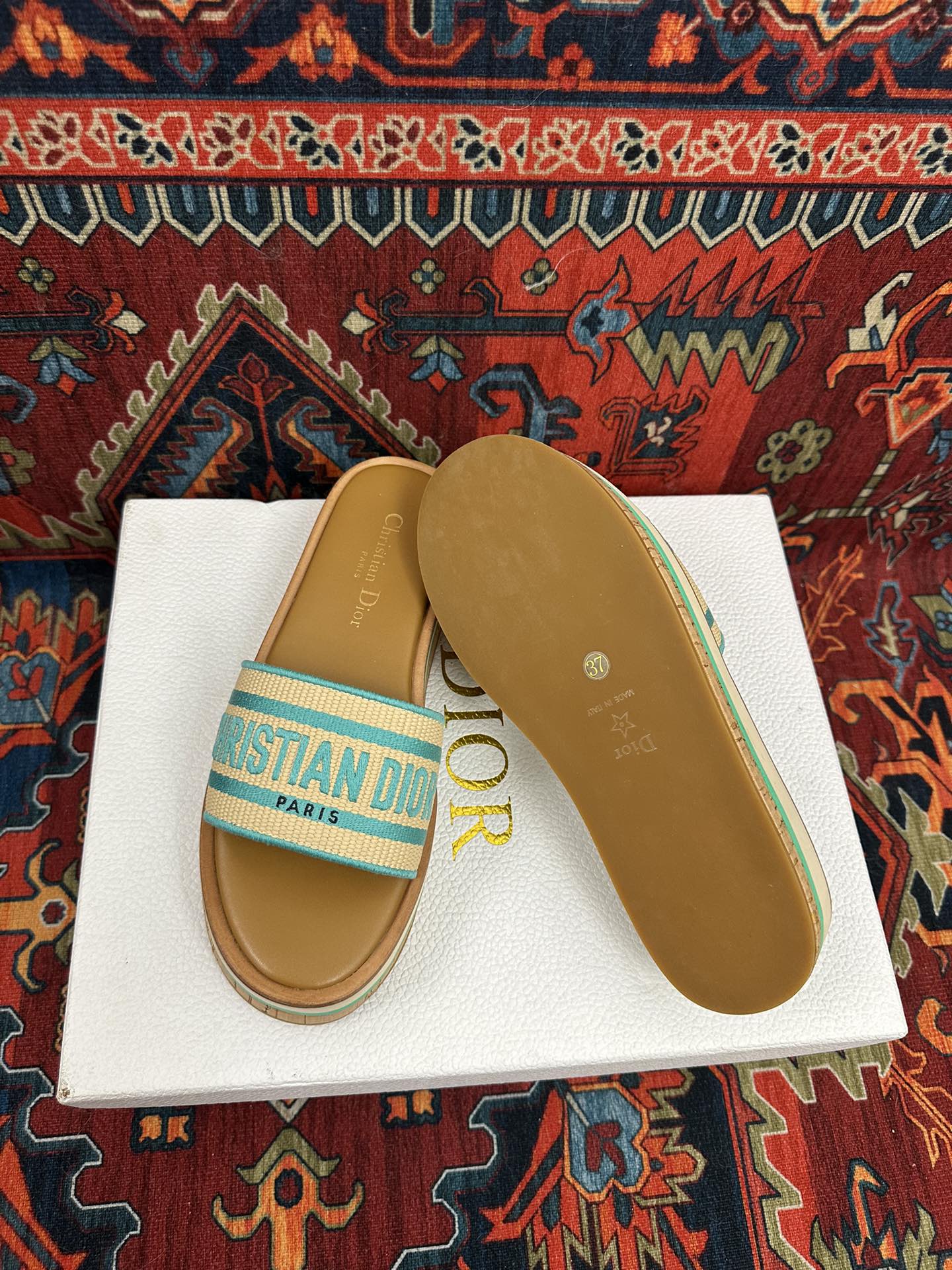 Natural Raffia & Aquamarina Embroidered DD Platform Slide