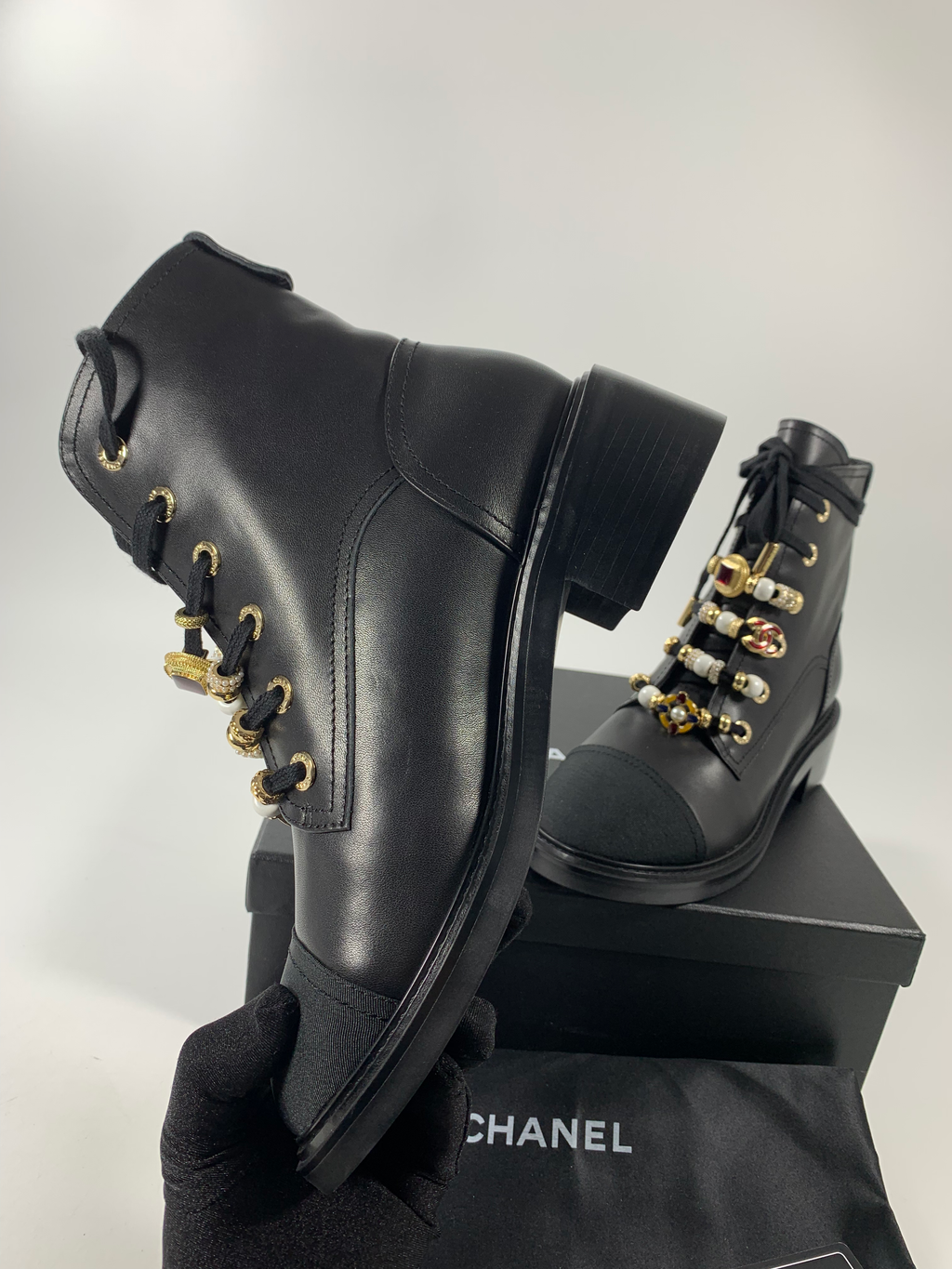 Leather, Grosgrain, Imitation Pearls, Strass & Metal Combat Boots