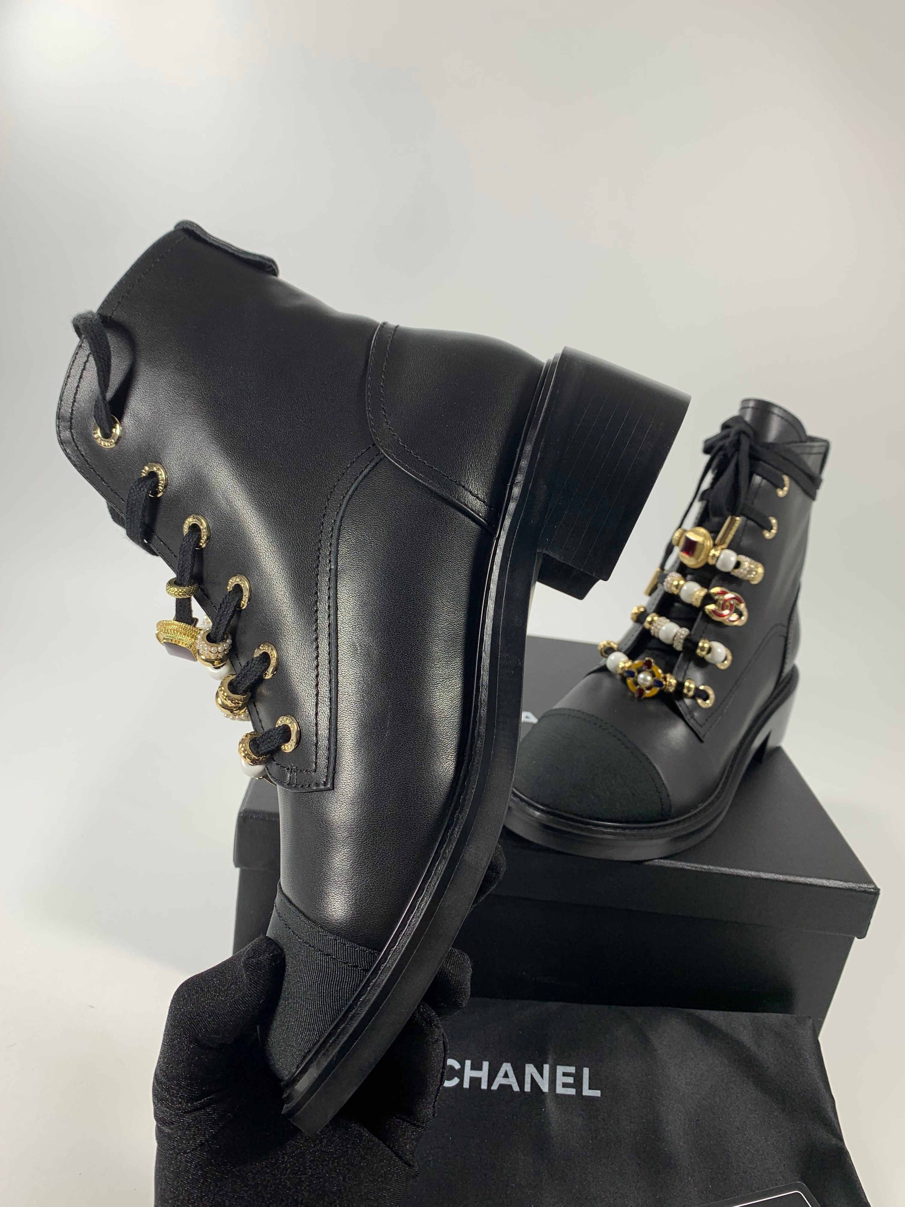 Leather, Grosgrain, Imitation Pearls, Strass & Metal Combat Boots