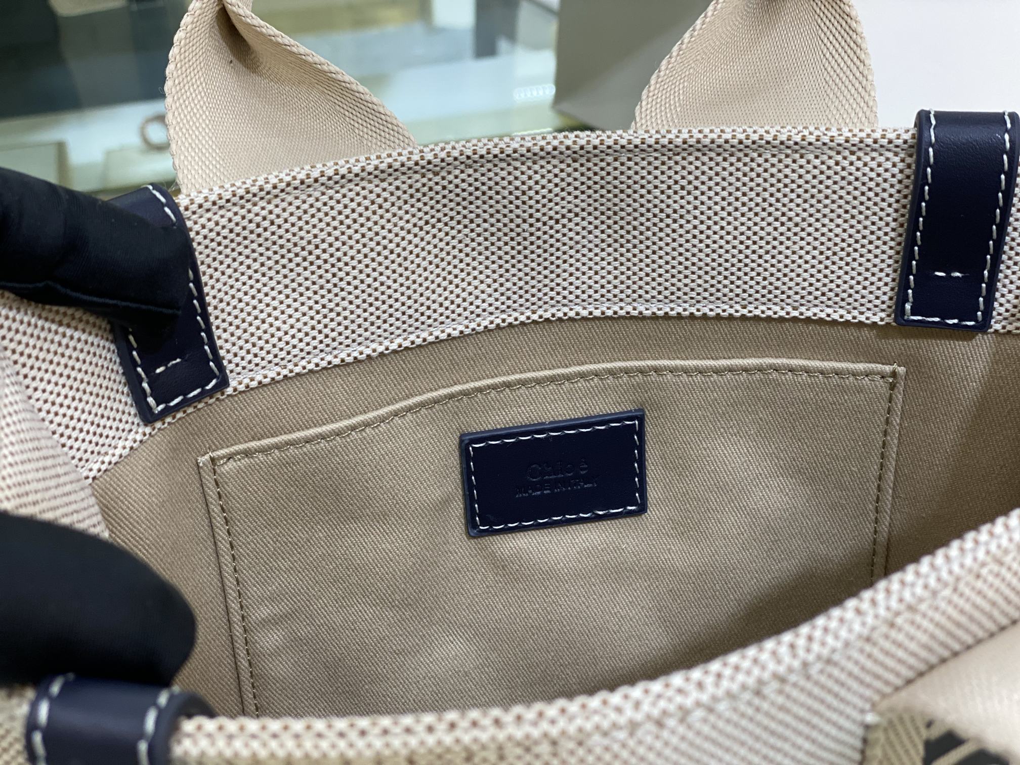 CW small navy leather-trimmed cotton-canvas tote