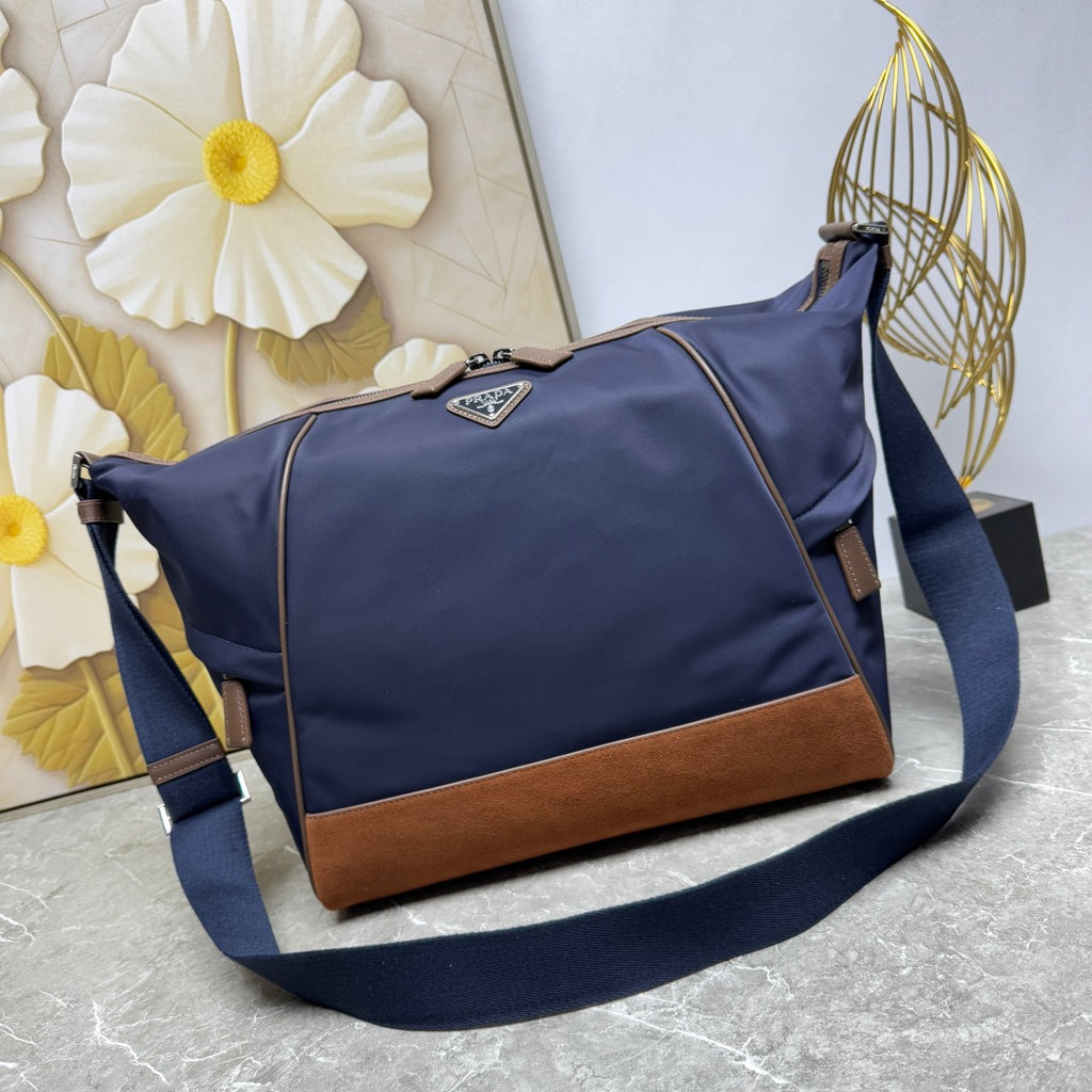 Blue/Coffee Re-Nylon & Leather Shoulder Bag